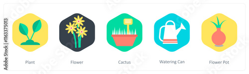 A set of 5 mix icons as plant, flower, cactus