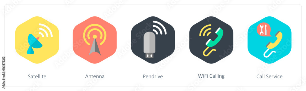 A set of 5 mix icons as satellite, antenna, pen drive A set of 5 mix icons as satellite, antenna, pen drive
