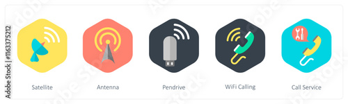 A set of 5 mix icons as satellite, antenna, pen drive