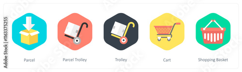 A set of 5 mix icons as parcel, parcel trolley, trolley