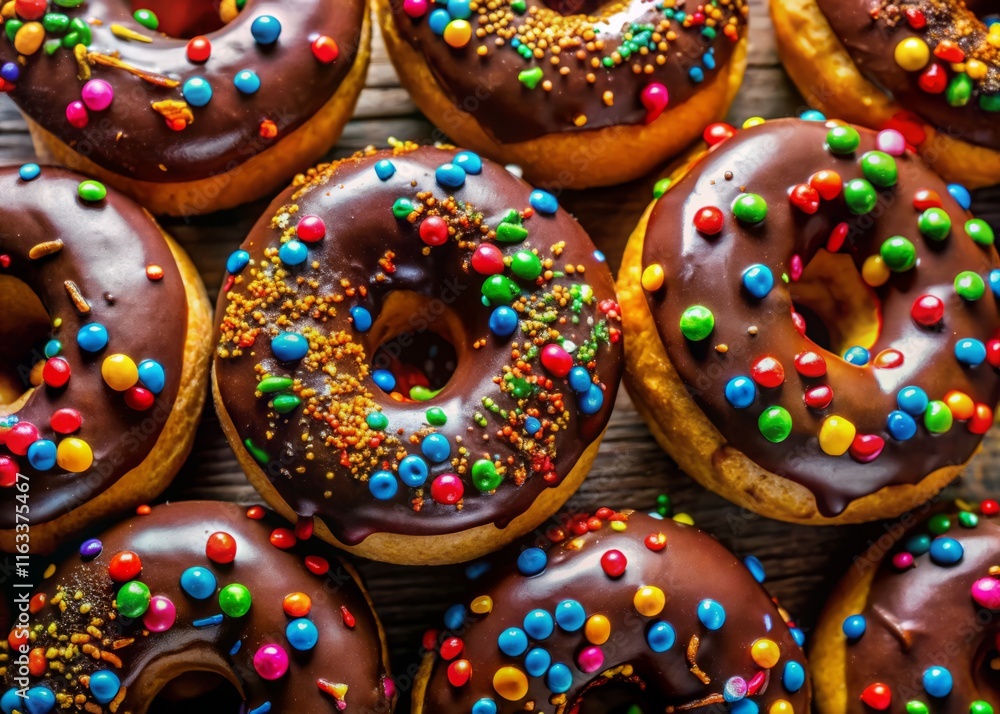 Aerial View of Delicious Chocolate Glazed Donuts with Sprinkles - Tasty Dessert Aerial View of Delicious Chocolate Glazed Donuts with Sprinkles - Tasty Dessert