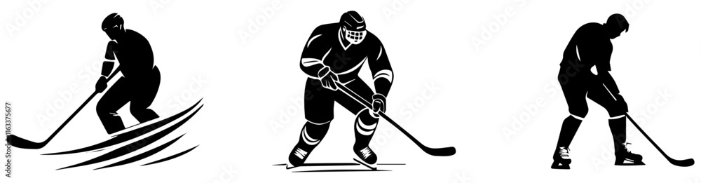 Fototapeta premium Ice Hockey Player Silhouette Set, Black and White Vector Illustration