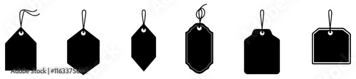 Hanging Price Tags and Labels Collection, Black Silhouette Vector Set