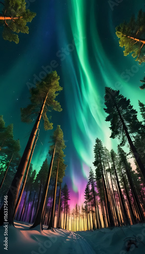 Polar lights in the sky , dancing lights in a forest full of pine trees hd phone wallpaper ai generated