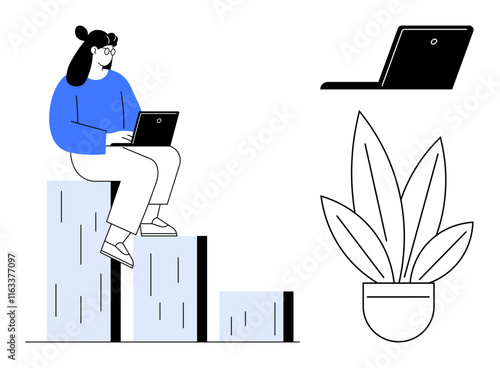 Woman using laptop seated on bar graph, a potted plant, and a standalone laptop. Ideal for business growth, remote work, productivity, success, technology balance workplace ergonomics. Simple