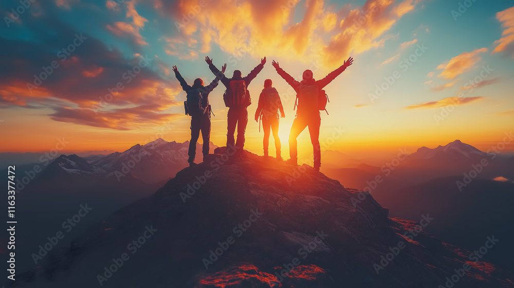 Obraz premium A group of four people are standing on a mountain peak, with the sun setting behind them. They are all smiling and seem to be celebrating their accomplishment