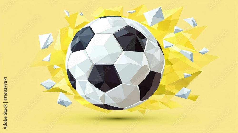 Polygonal Soccer Ball Breaking Through a Yellow Background Polygonal Soccer Ball Breaking Through a Yellow Background