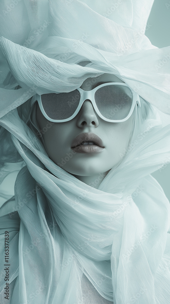 A woman is wearing a white scarf and sunglasses. She is wearing a white scarf and sunglasses, which gives her a stylish and fashionable look A woman is wearing a white scarf and sunglasses. She is wearing a white scarf and sunglasses, which gives her a stylish and fashionable look