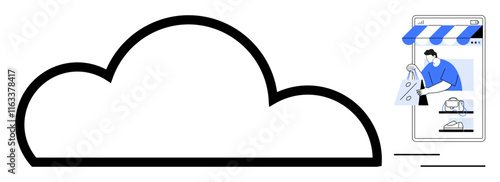 Large cloud outline next to a person shopping on a smartphone with a striped awning storefront. Ideal for e-commerce, cloud computing, online retail, digital marketing, modern business, data storage