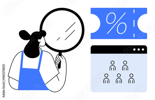 Woman with magnifying glass examining details, interface of people network, discount tag. Ideal for business, market research, data analysis, networking, sales strategies, customer demographics