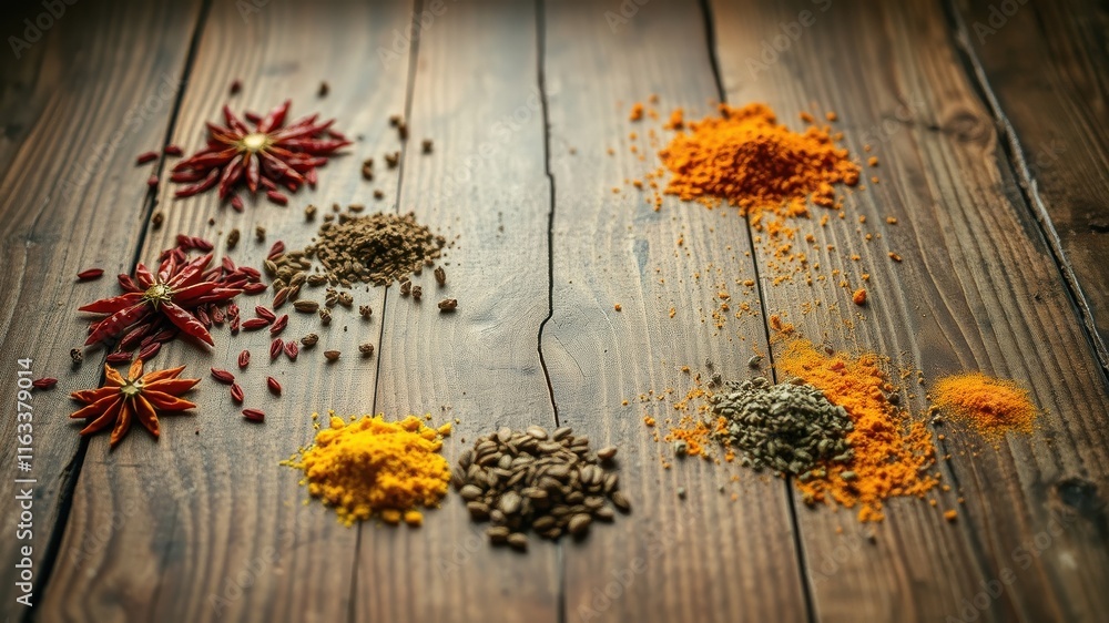 Aromatic Spices and Dried Chili Peppers Arranged on Rustic Wooden Surface Aromatic Spices and Dried Chili Peppers Arranged on Rustic Wooden Surface