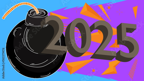 Number 2025 with black Bomb. Cartoon Vector Illustration.