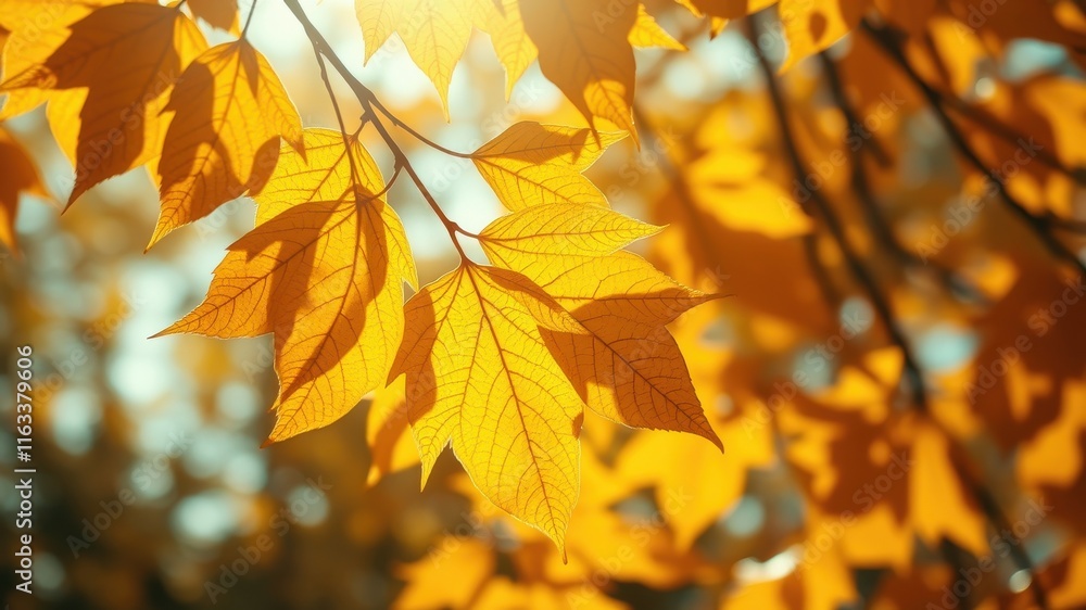 Golden Autumn Leaves Basking in Sunlight on a Branch Golden Autumn Leaves Basking in Sunlight on a Branch