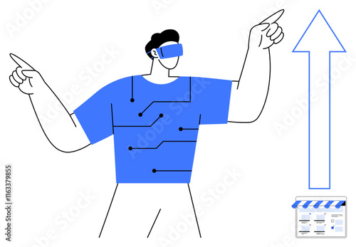 Person in VR headset with circuit pattern shirt pointing upwards towards arrow indicating growth and online store icon. Ideal for technology, innovation, virtual reality, progress, e-commerce, online