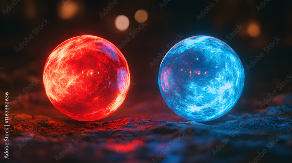 Two glowing orbs, one red and one blue, are shown in the image 4k wallpaper with copy space Two glowing orbs, one red and one blue, are shown in the image 4k wallpaper with copy space