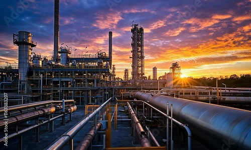 Sunset over industrial refinery plant with pipelines.