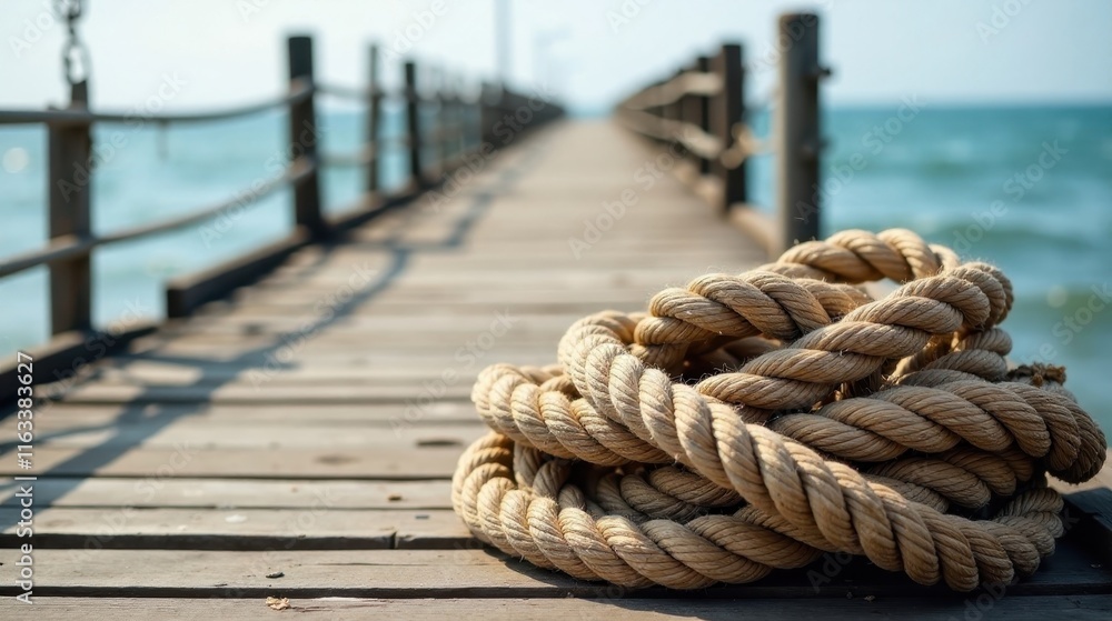 Fototapeta premium A thick coil of nautical rope rests on a weathered wooden pier extending over tranquil ocean waters