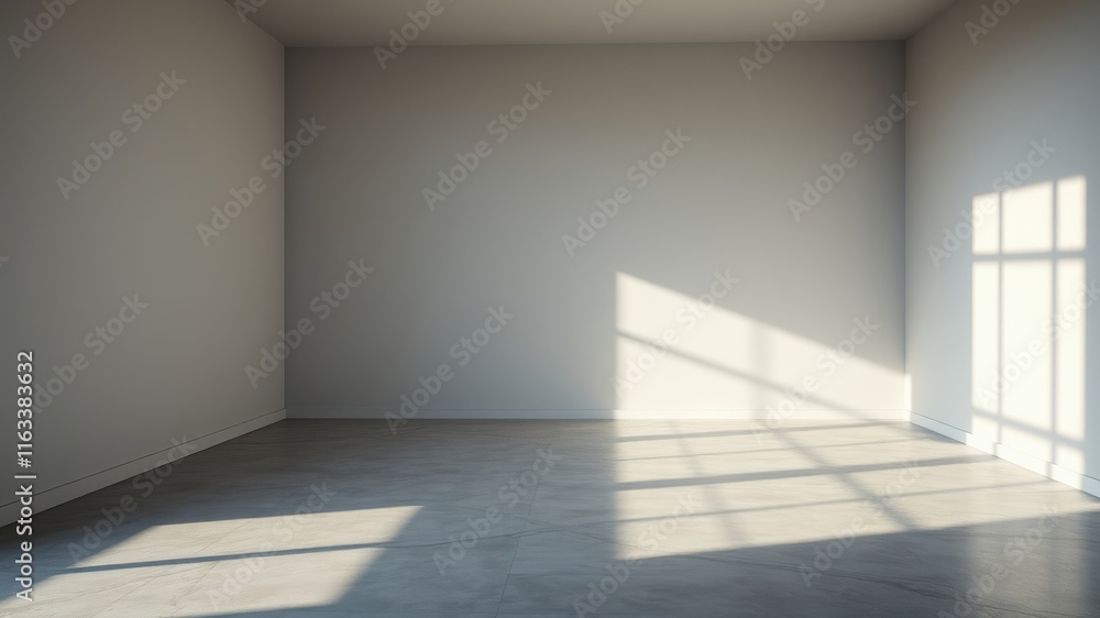 Empty Room with Sunlight Streaming Through Window Illuminating Concrete Floor Empty Room with Sunlight Streaming Through Window Illuminating Concrete Floor