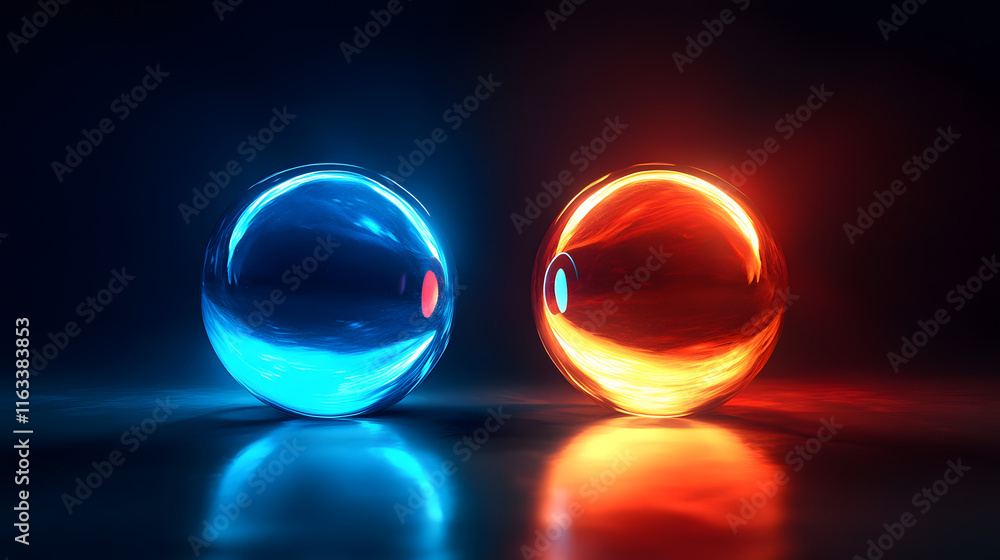 Two glowing orbs, one red and one blue, are shown in the image 4k wallpaper with copy space Two glowing orbs, one red and one blue, are shown in the image 4k wallpaper with copy space