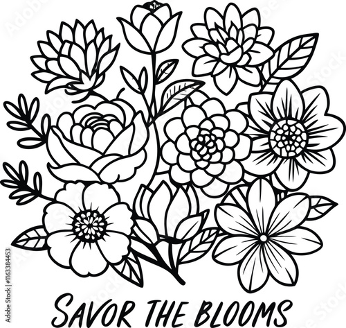 set consistent line art flowers savor silhouette vector