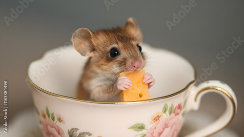 A tiny mouse holding a piece of cheese, peeking out from a teacup with floral patterns photo