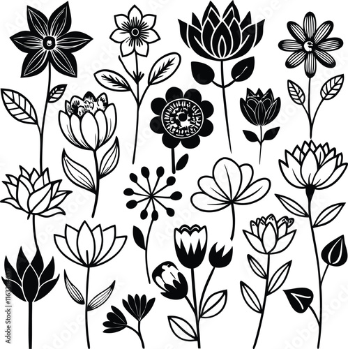 set consistent line art flowers serendipity silhouette vector