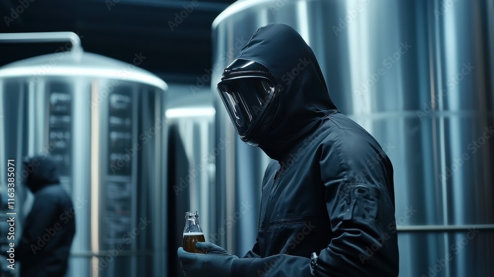 Mysterious Figure in Protective Gear Holding a Beverage Stands in a Sterile Industrial Environment with Metallic Tanks in the Background Mysterious Figure in Protective Gear Holding a Beverage Stands in a Sterile Industrial Environment with Metallic Tanks in the Background