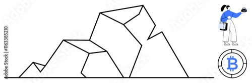 Woman mining virtual currency with pickaxe beside geometric mountain representing blockchain bitcoin symbol. Ideal for cryptocurrency, blockchain technology, digital currency, mining, finance