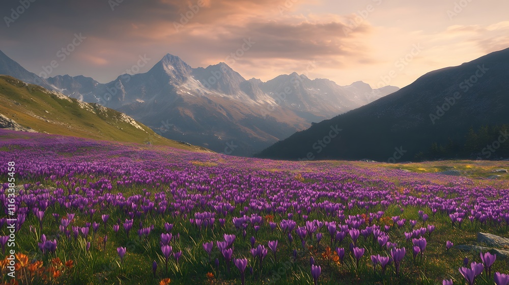Mountain Meadow Sunset Crocus Bloom Landscape Mountain Meadow Sunset Crocus Bloom Landscape