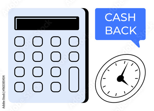 Calculator, clock, and cash back speech bubble suggest financial savings and time management. Ideal for budgeting, financial planning, efficient spending, cost-saving, cashback offers, time tracking