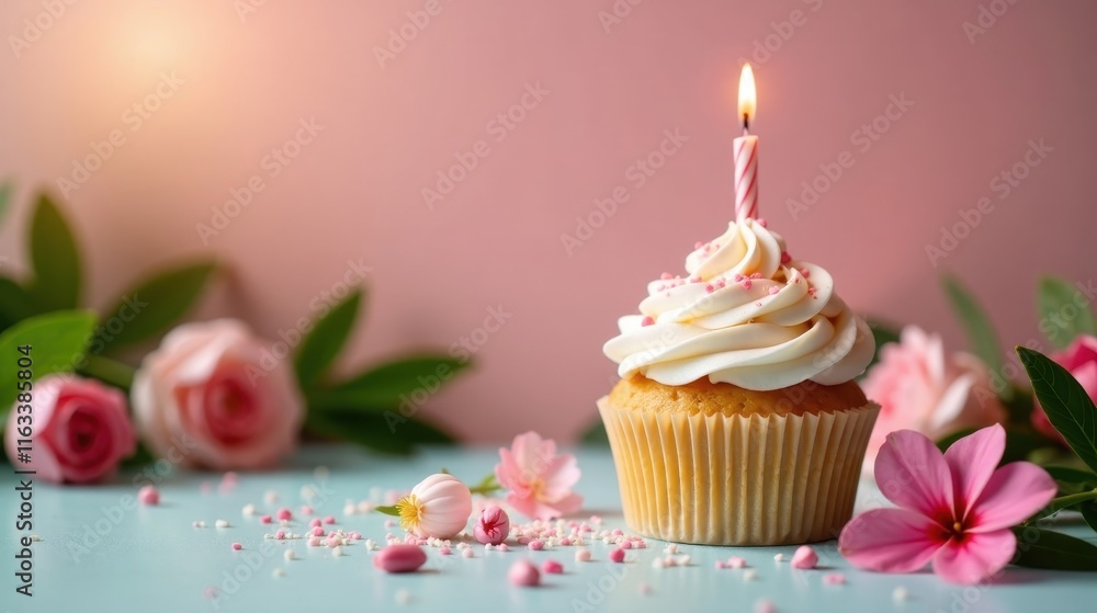A single cupcake with a lit candle, adorned with pink sprinkles and creamy frosting, rests on a pastel-colored surface surrounded by delicate pink blossoms and scattered sprinkles. A single cupcake with a lit candle, adorned with pink sprinkles and creamy frosting, rests on a pastel-colored surface surrounded by delicate pink blossoms and scattered sprinkles.