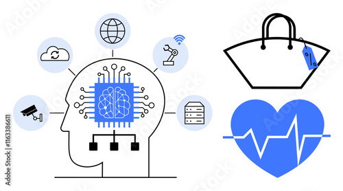 Human head with neural network surrounded by cloud, robot arm, server, security camera, and internet icon. Heart with pulse wave, shopping bag. Ideal for technology, AI machine learning healthcare