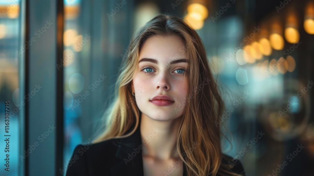 Fototapeta premium Portrait of modern businesswoman wearing suit, AI generated image