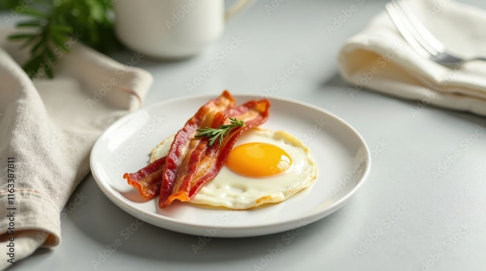 A delicious breakfast of crispy fried bacon served alongside a perfectly cooked sunny-side-up egg on a simple white plate A delicious breakfast of crispy fried bacon served alongside a perfectly cooked sunny-side-up egg on a simple white plate