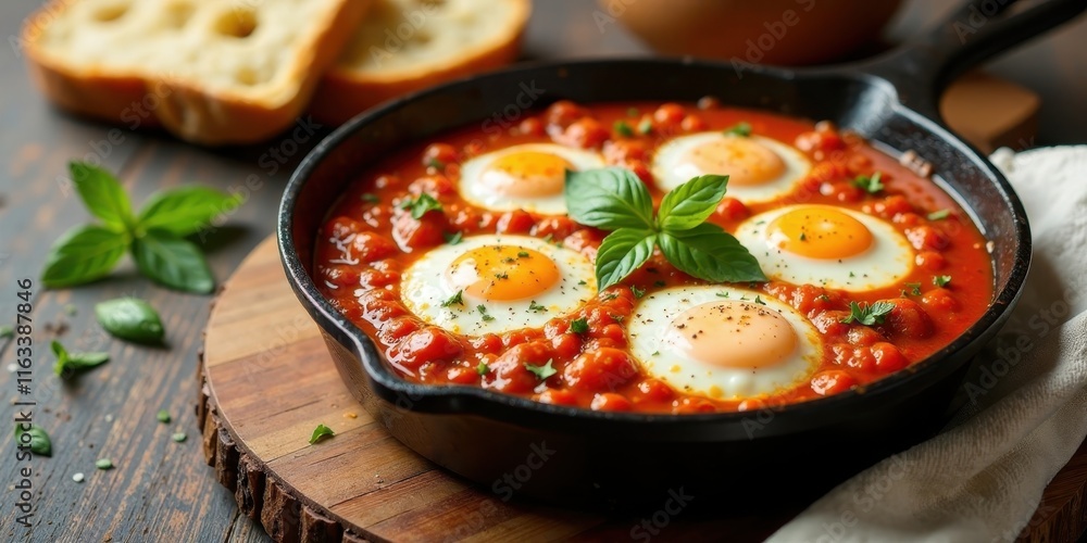 Savory Baked Eggs in a Rich Tomato Sauce with Herbs and Crusty Bread Savory Baked Eggs in a Rich Tomato Sauce with Herbs and Crusty Bread