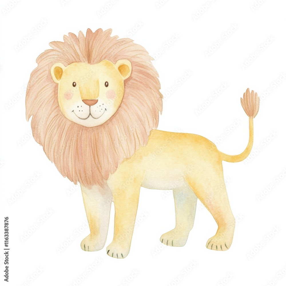 Obraz premium Animal safari Concept. Cute cartoon lion with a fluffy mane, showcasing a friendly expression in a soft color palette. watercolor style, isolated on white background