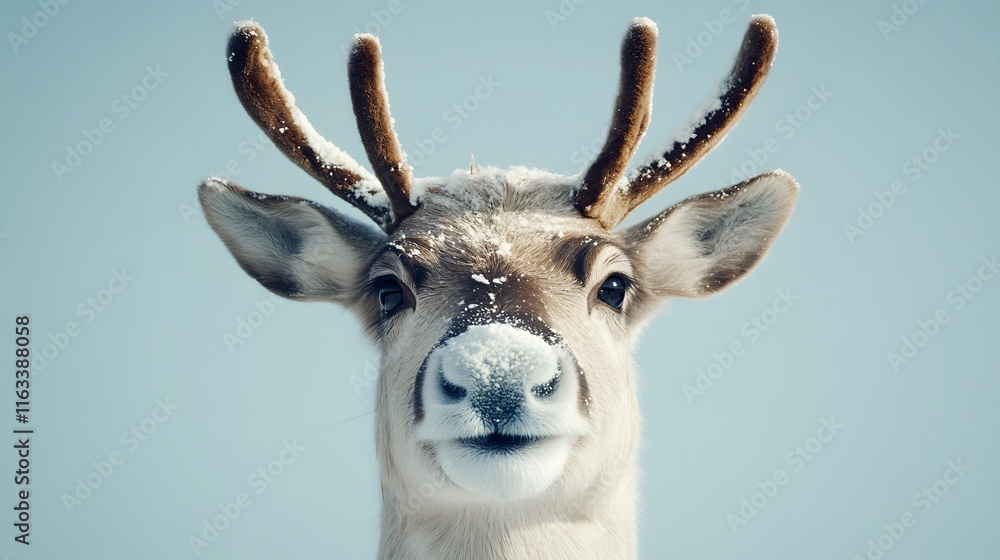 Naklejka premium A snowy reindeer portrait against a pale blue sky