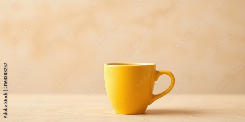 Obraz premium A single vibrant yellow mug sits on a pale wooden surface against a soft beige backdrop