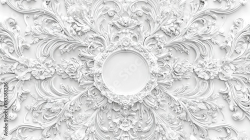 Elegant White Ornate Floral Design Baroque Style Wall Decor Luxury Background Texture photo