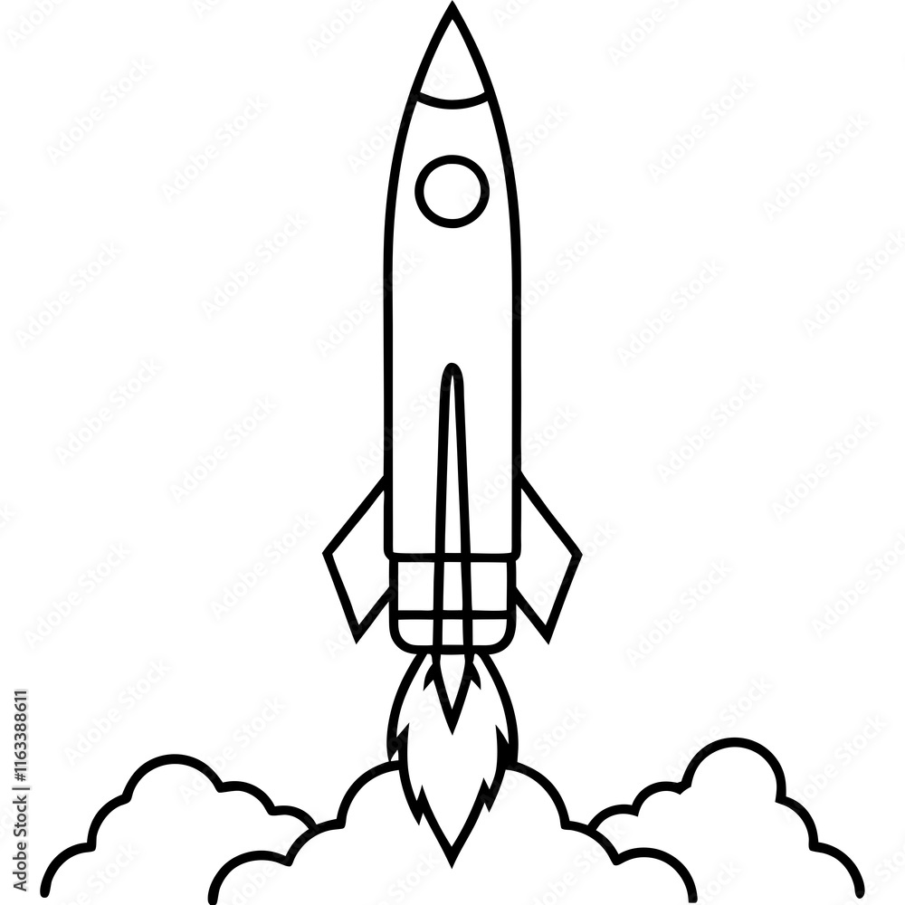 Line Art Rocket Launch with Cosmic Details Line Art Rocket Launch with Cosmic Details