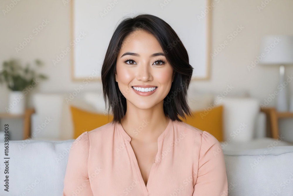 A woman sitting on a couch smiling at the camera A woman sitting on a couch smiling at the camera