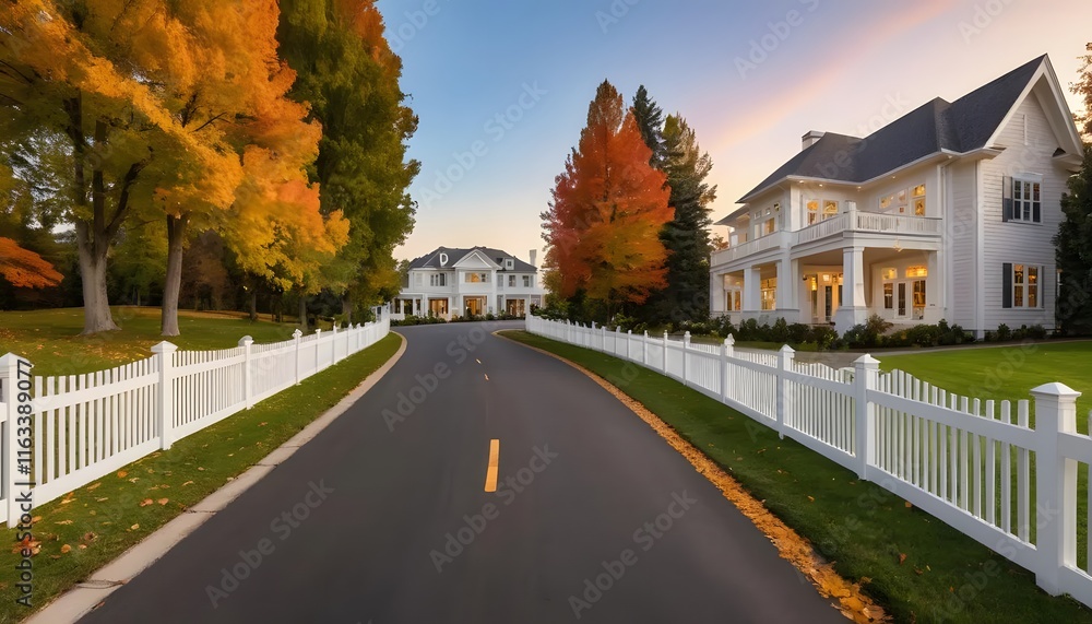 A scenic view of a suburban street in autumn, with trees showcasing colorful foliage, framing elegant homes with front porches and white picket fences. A scenic view of a suburban street in autumn, with trees showcasing colorful foliage, framing elegant homes with front porches and white picket fences.