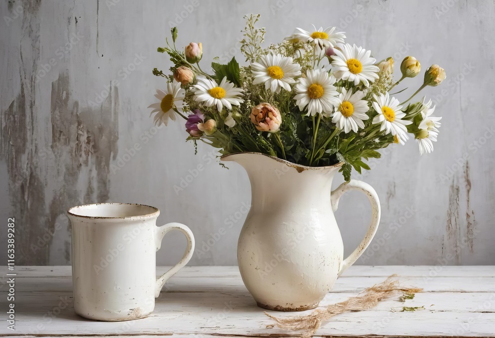 custom made wallpaper toronto digitalA vintage white vase with colorful flowers next to a mug with a worn, peeled paint design