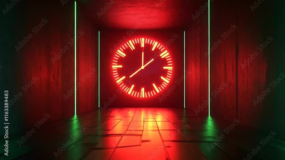 A glowing neon red clock displayed at the end of a dark futuristic corridor illuminated by green accent lights. The dramatic lighting and minimalistic design evoke themes of time, urgency, and modern 