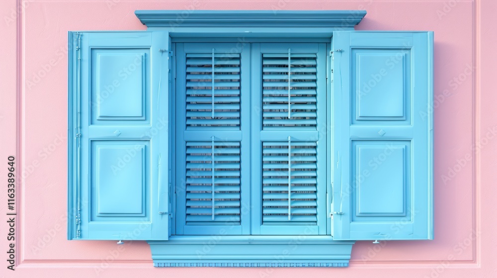 Fototapeta premium Pastel pink wall with open light blue window shutters. (1)