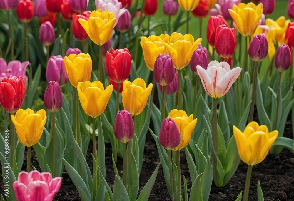 A garden filled with colorful tulips in bloom A garden filled with colorful tulips in bloom