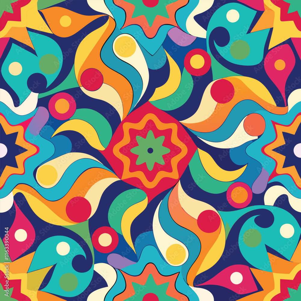 Obraz premium Abstract geometric pattern of farm food. Stylized poster with fruit and vegetables. Agriculture plants in cubism style. Contemporary art of healthy, natural, organic products. Flat vector