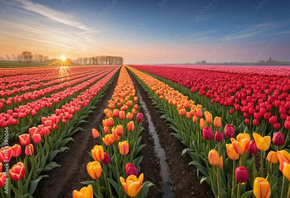 A field of vibrant red and yellow tulips at sunrise A field of vibrant red and yellow tulips at sunrise
