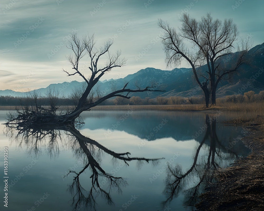 Two Trees reflected in a calm lake at sunrise with mountains in the background Two Trees reflected in a calm lake at sunrise with mountains in the background