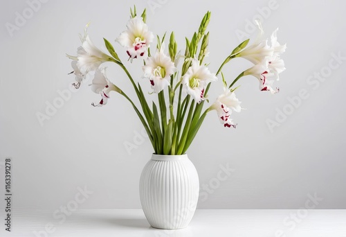 A white vase filled with white gladiolus flowers on a white background photo